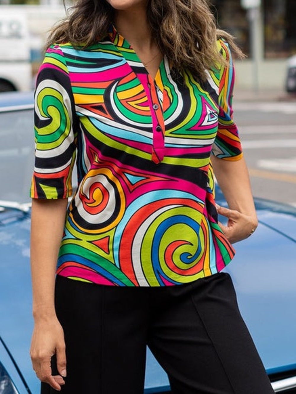 Lesley Evers Kimmy Top in Swirl Size Large Mod Geo Print Stretch Knit Preppy